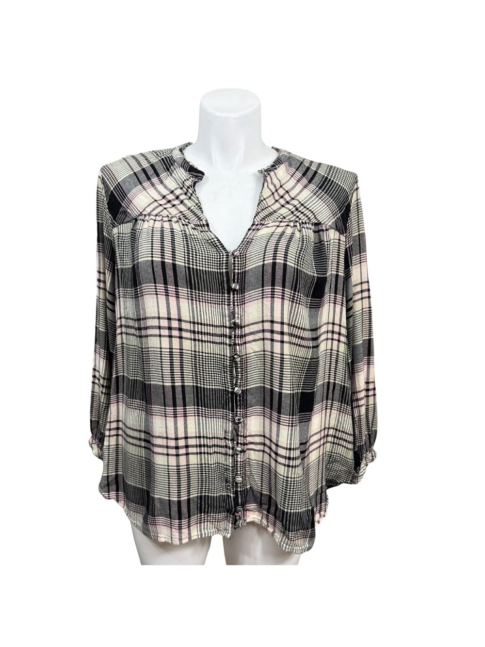 Michael Stars Plaid Peasant‎ Blouse Pink Black Cream Rayon Size 2X